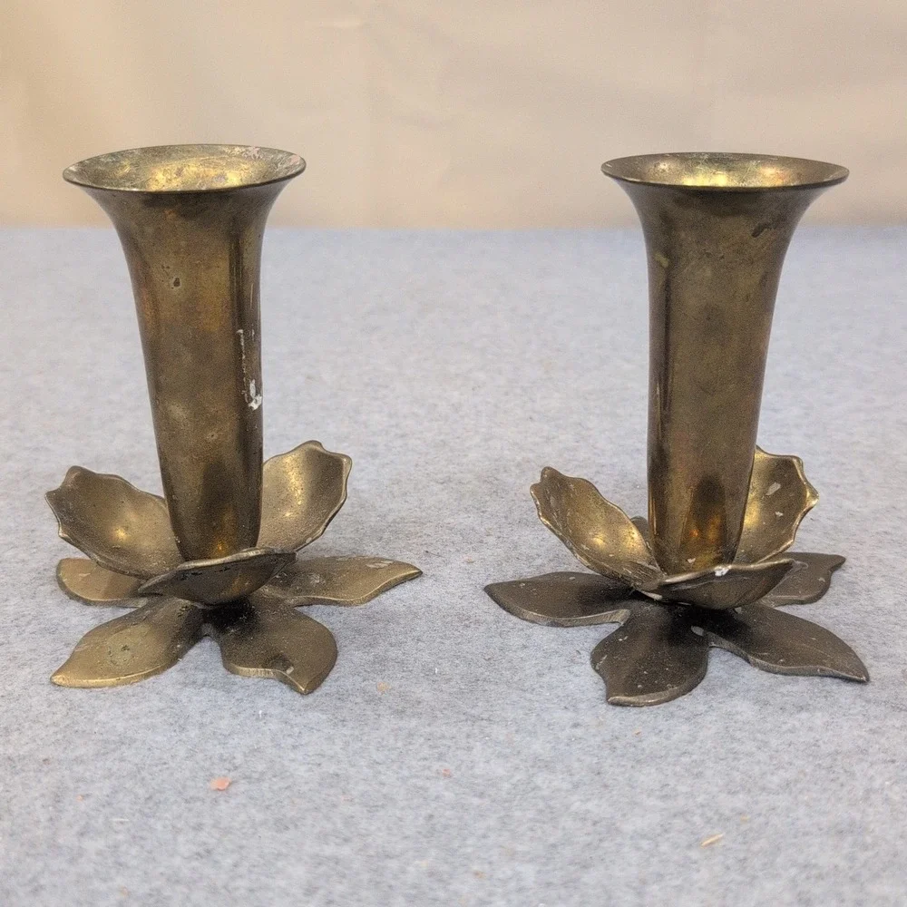 Andrea by Sadek Vintage Brass Flower Taper Candle Holders Set of 2 India Floral